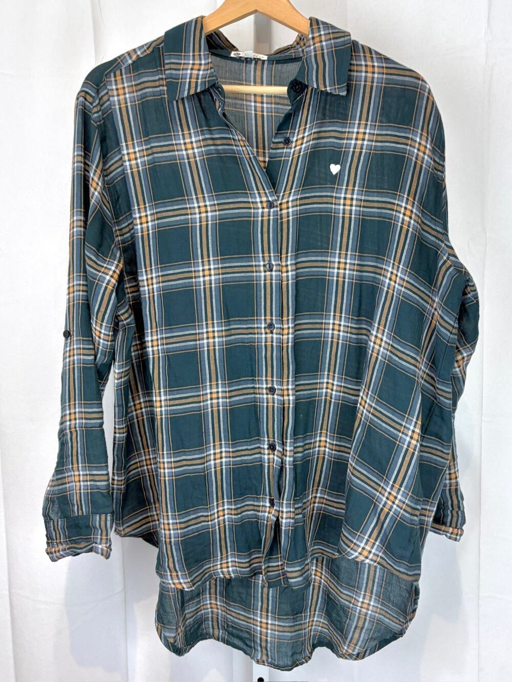 SUNDRY Evereve Heart Plaid Tunic Shirt Button Up Long Sleeve Hi Low Green 1 S